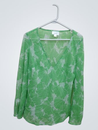LOFT Green Leaf Print Long Sleeve Blouse