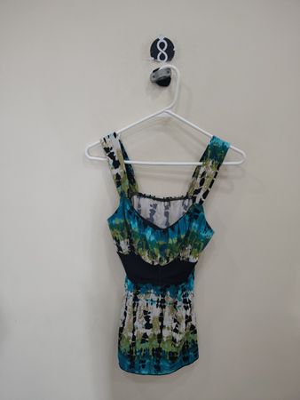 Blouse with Blue Green and Black Pattern
