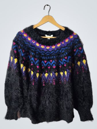 Fuzzy Black Sweater with Colorful Pattern