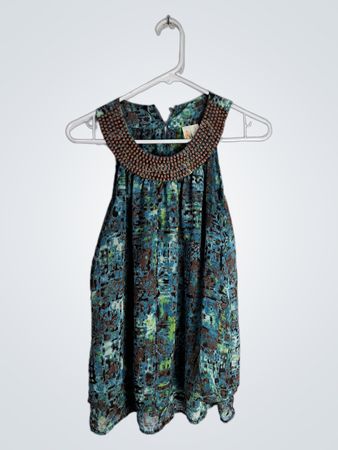 Blue and Green Floral Dress with Beaded Neckline