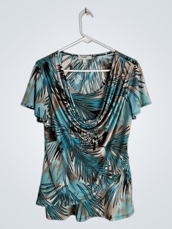 Dressbarn Teal Leaf Print Cowl Neck Blouse