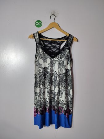 Black and White Paisley Dress with Blue Hem