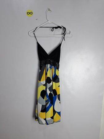 Dress with Black Top and Multicolor Patterned Skirt