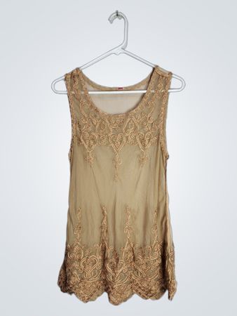 Sheer Beige Top with Lace Trim