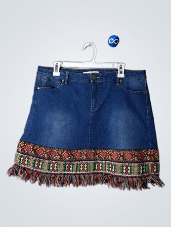 Denim skirt with colorful trim and fringe