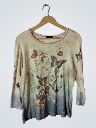 Flower & Ring Butterfly Print Long-Sleeve Blouse