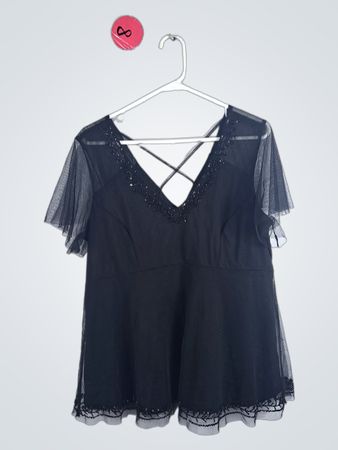 Black Mesh Sleeve Blouse