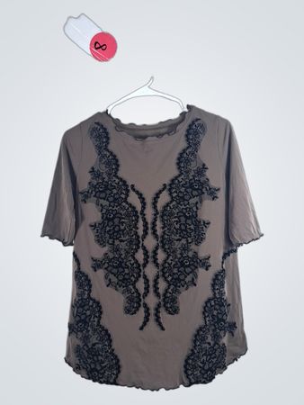 Brown Blouse with Black Lace Details