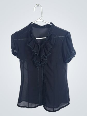 Black Sheer Blouse with Ruffled Neckline