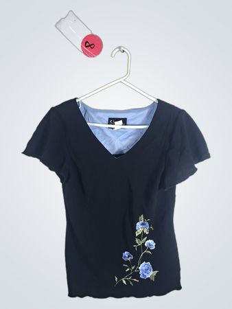 S.L. Fashions Black Floral V-Neck Blouse