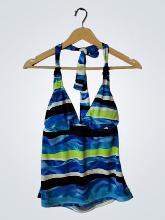 Blue Green and Black Striped Halter Neck Swimsuit