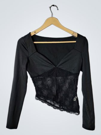 Black Long Sleeve Top with Lace Panel