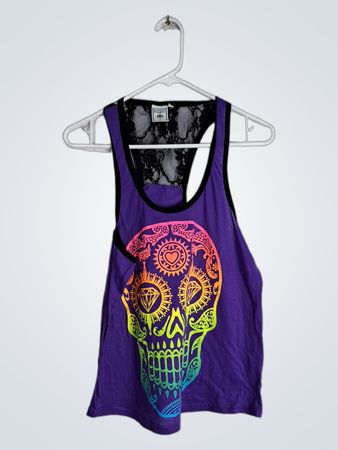 Exist Purple Graphic Skull Lace Tank Top