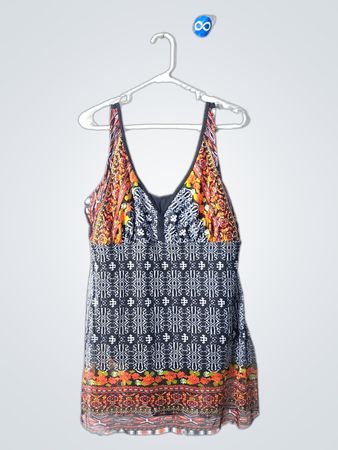 Blouse with Black, White, Orange, and Yellow Pattern