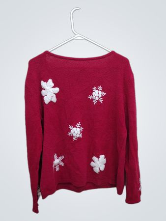 Red Long-Sleeve Sweater with White Snowflake Designs