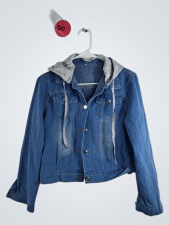 Blue Denim Jacket with Grey Hood and Collar