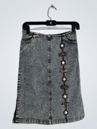 Gray Denim Skirt with Floral Buttons