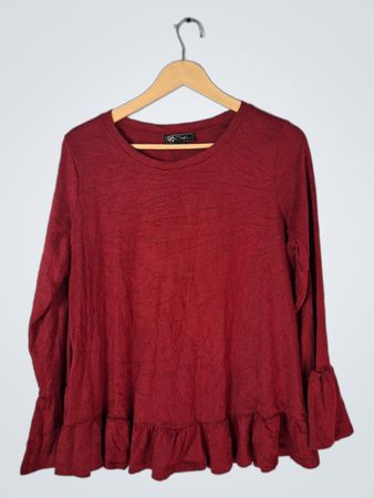 Red Long Sleeve Top with Ruffle Hem
