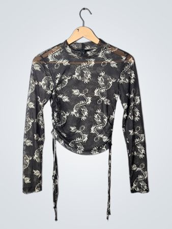 Forever 21 Black Mesh Dragon Print Long-Sleeve Top