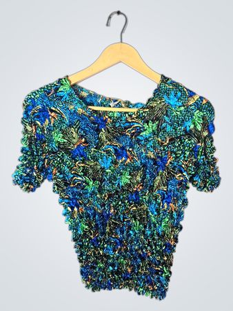 Blouse with Green, Blue and Gold Floral Pattern
