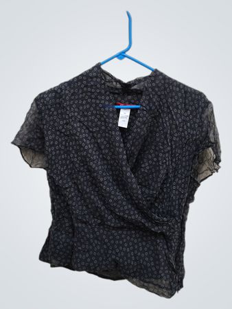 Black Sheer Blouse with White and Green Floral Pattern