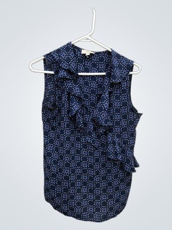 LOFT Navy Geometric Ruffle Sleeveless Blouse