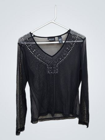 Black Sheer Long-Sleeve Top with Beaded Neckline
