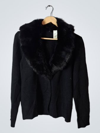 Black Fur Collar Knit Cardigan