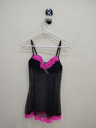 Black Mesh Camisole with Pink Lace Trim