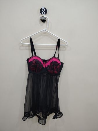 Black Mesh Babydoll with Pink Lace Bra
