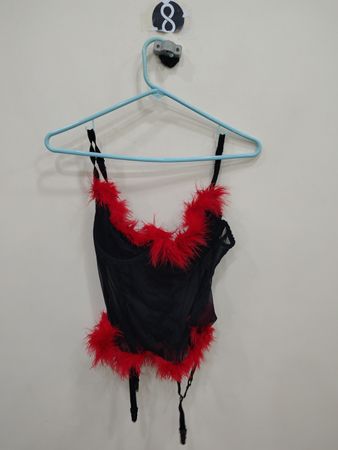 Black Bodysuit with Red Feather Trim