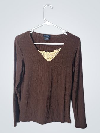 West End Brown Long-Sleeve Top with Lace Detail