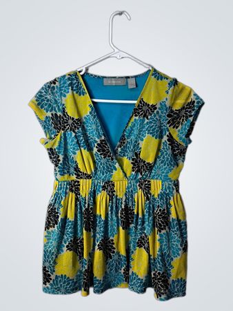 Liz Claiborne Teal Yellow Floral Wrap Blouse
