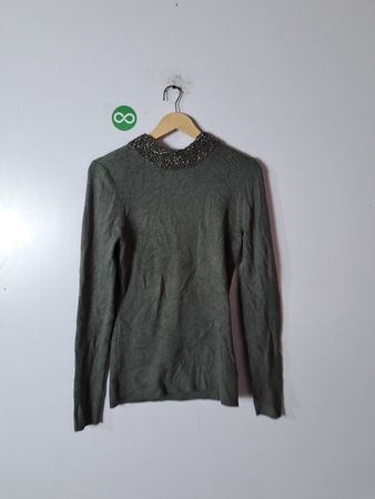 Grey Long-Sleeve Top with Beaded Neckline