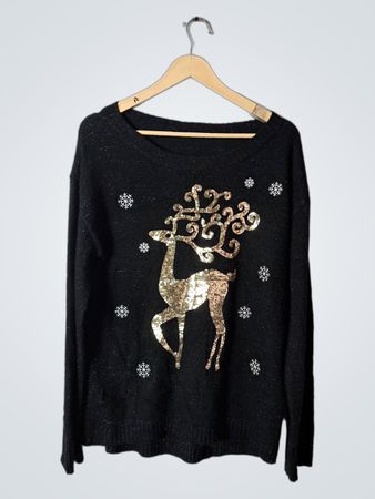 Black Sparkly Sweater with Reindeer Design