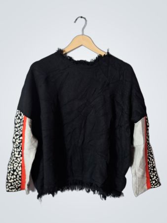 Black Frayed Top with Animal Print Sleeves