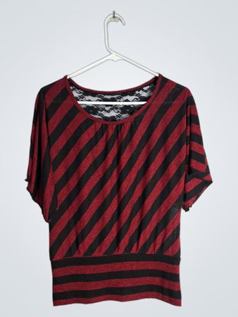 Red and Black Striped Top with Lace Detail