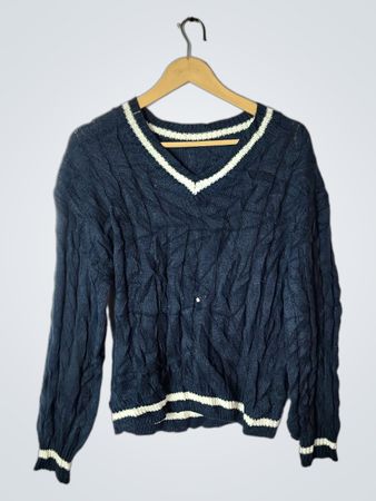 Blue Knit Sweater with White Trim