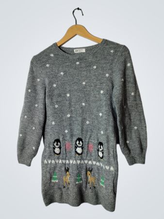 H&M Gray Knit Sweater with Penguin and Reindeer Design