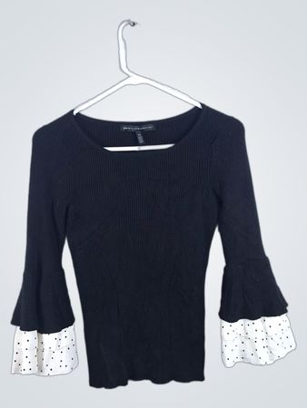 White House Black Market Black Blouse with White Polka Dot Cuffs