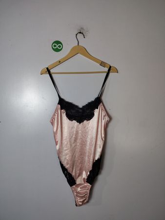 Pink Satin Bodysuit with Black Lace Trim