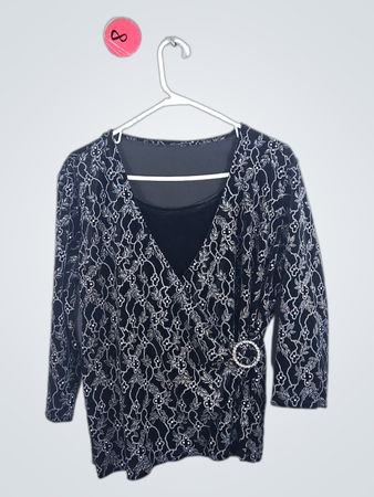 Black Embroidered Velvet Wrap Top