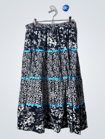 Black and White Floral Skirt with Blue Accents