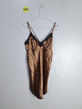 Brown Silk Chemise with Black Lace Trim