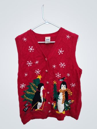 High Sierra Red Knit Vest with Snowflake and Penguin Design