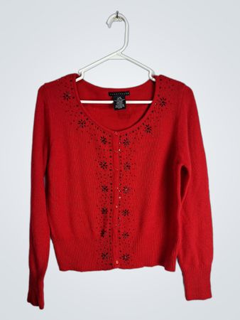 apostrophe Red Knit Sweater with Black Embellishments