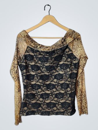 bebe Black Lace Snake Print Long Sleeve Top