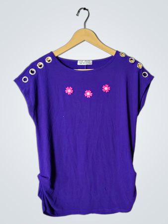 Purple Short Sleeve Top with Pink Flowers