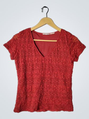 Zara Red Embroidered V-Neck Blouse