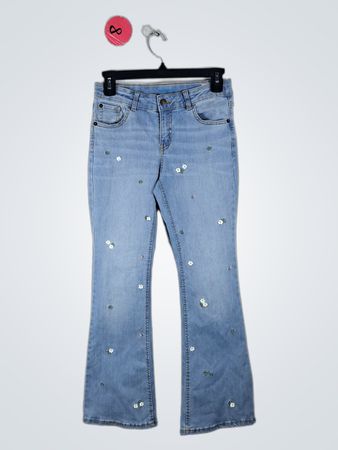 Light Blue Flared Denim Jeans with Floral Embroidery